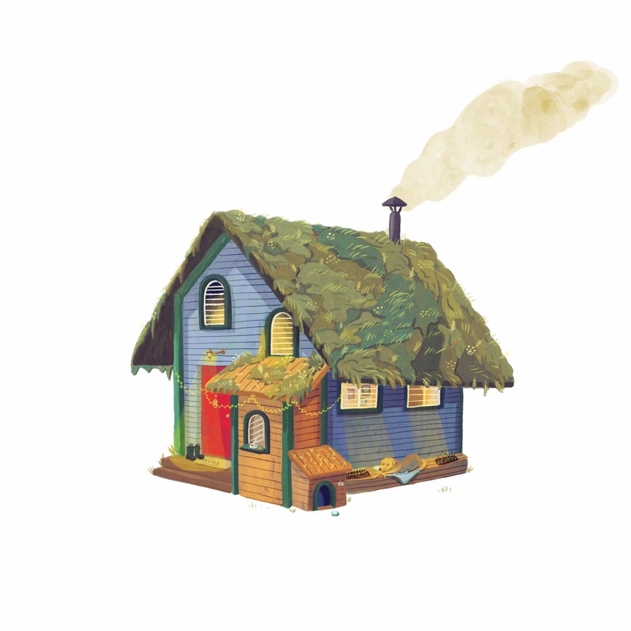 A small blue house with a leafy roof and smoke rising from its chimney.